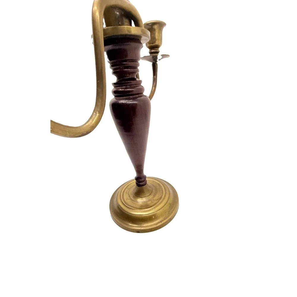 Vintage Brass Mahogany Wood 3 Arm Candelabra Dark Academia English Country